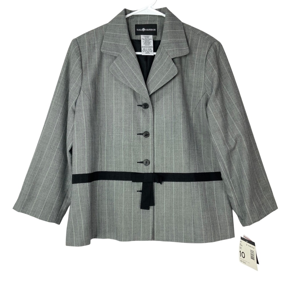 Sag Harbor Gray Pinstripe Blazer 10 Button Notch Long Sleeve Grosgrain Bow